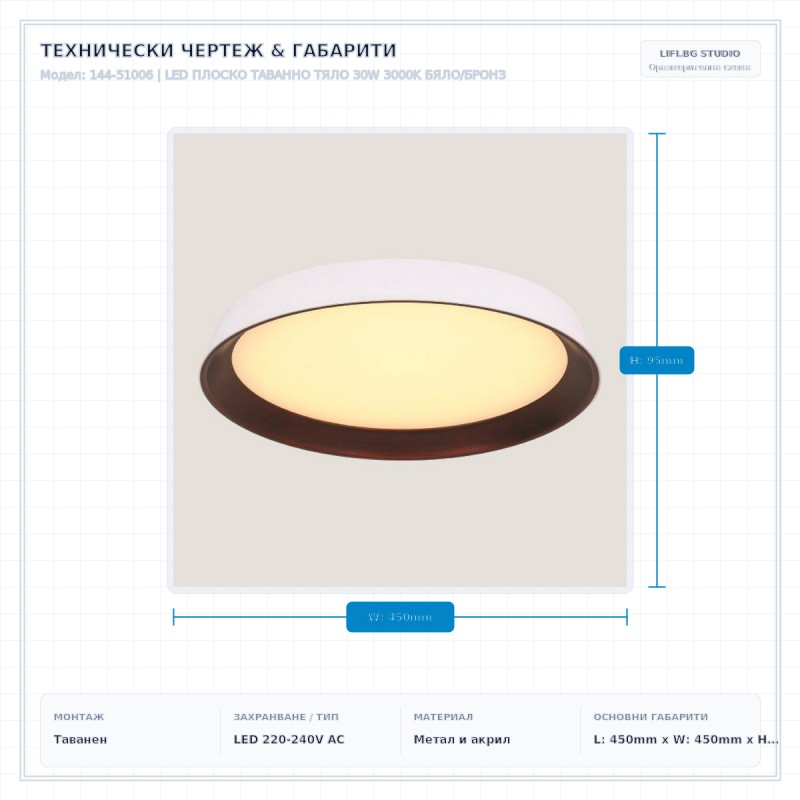 LED ПЛОСКО ТАВАННО ТЯЛО 30W 3000K БЯЛО/БРОНЗ