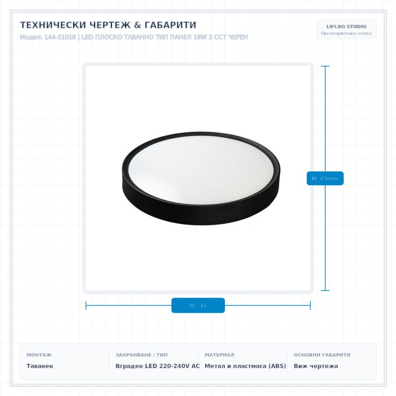 LED ПЛОСКО ТАВАННО ТИП ПАНЕЛ 18W 3 CCT ЧЕРЕН