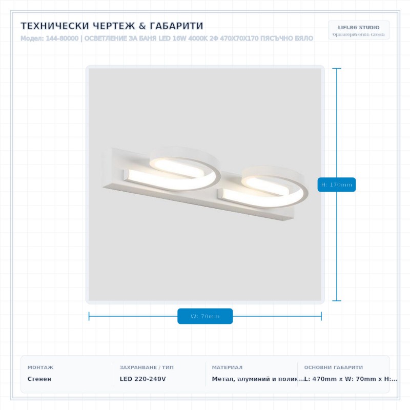ОСВЕТЛЕНИЕ ЗА БАНЯ LED 16W 4000K 2Φ 470X70X170 ПЯСЪЧНО БЯЛО ОСВЕТЛЕНИЕ ЗА БАНЯ LED 16W 4000K 2Φ 470X70X170 ПЯСЪЧНО БЯЛО