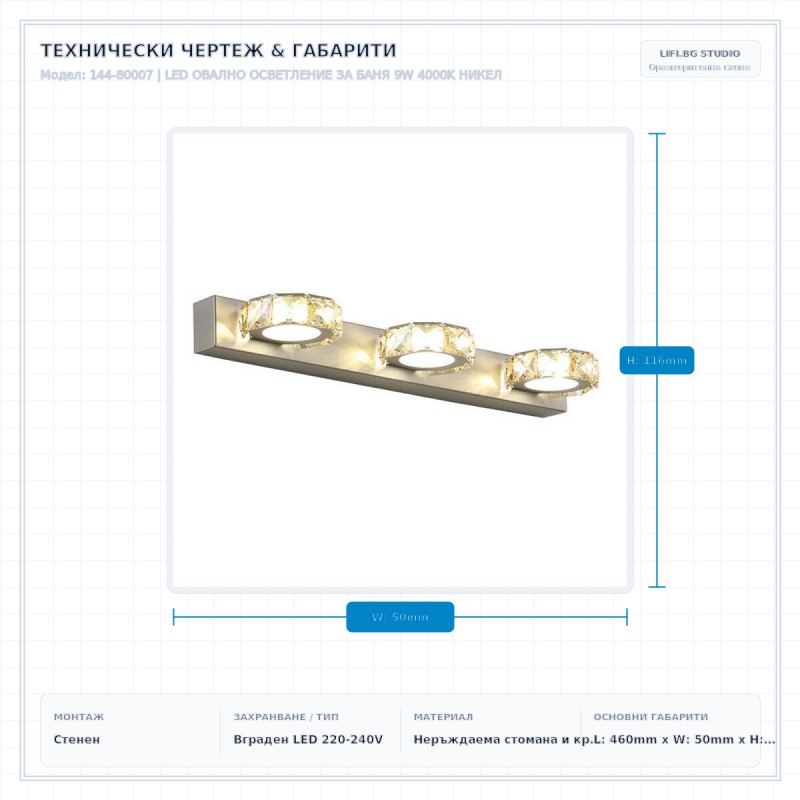 LED ОВАЛНО ОСВЕТЛЕНИЕ ЗА БАНЯ 9W 4000K НИКЕЛ