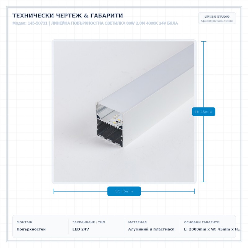 ЛИНЕЙНА ПОВЪРХНОСТНА СВЕТИЛКА 80W 2,0M 4000K 24V БЯЛА ЛИНЕЙНА ПОВЪРХНОСТНА СВЕТИЛКА 80W 2,0M 4000K 24V БЯЛА