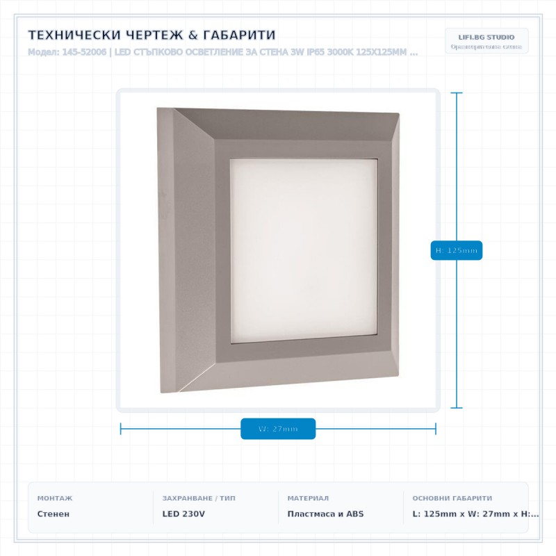LED СТЪПКОВО ОСВЕТЛЕНИЕ ЗА СТЕНА 3W IP65 3000K 125X125MM СИВО LED СТЪПКОВО ОСВЕТЛЕНИЕ ЗА СТЕНА 3W IP65 3000K 125X125MM СИВО