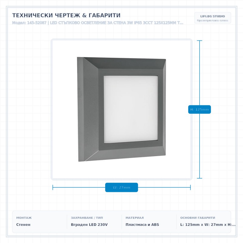 LED СТЪПКОВО ОСВЕТЛЕНИЕ ЗА СТЕНА 3W IP65 3CCT 125X125MM ТЪМНО СИВО