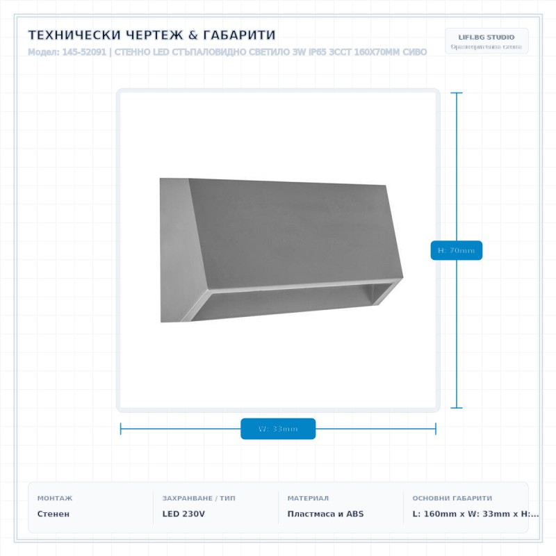 СТЕННО LED СТЪПАЛОВИДНО СВЕТИЛО 3W IP65 3CCT 160X70MM СИВО СТЕННО LED СТЪПАЛОВИДНО СВЕТИЛО 3W IP65 3CCT 160X70MM СИВО