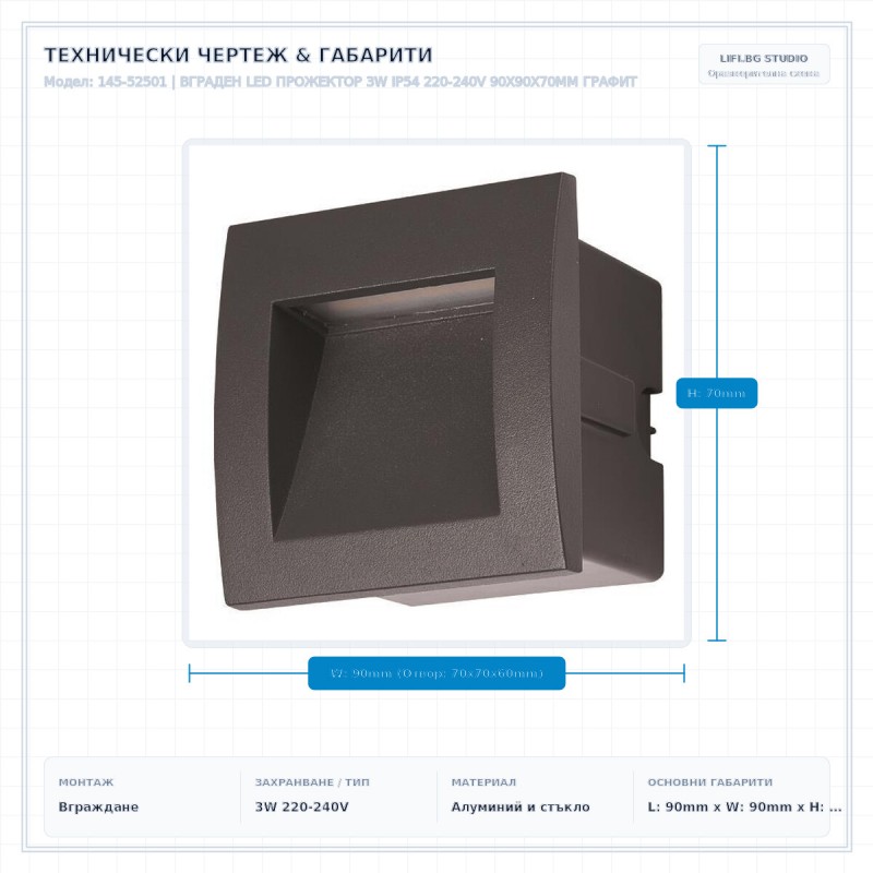 ВГРАДЕН LED ПРОЖЕКТОР 3W IP54 220-240V 90X90X70MM ГРАФИТ ВГРАДЕН LED ПРОЖЕКТОР 3W IP54 220-240V 90X90X70MM ГРАФИТ
