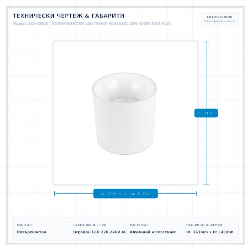 ПОВЪРХНОСТЕН LED ПАНЕЛ Φ141Х141 20W 4000K БЯЛ PLUS