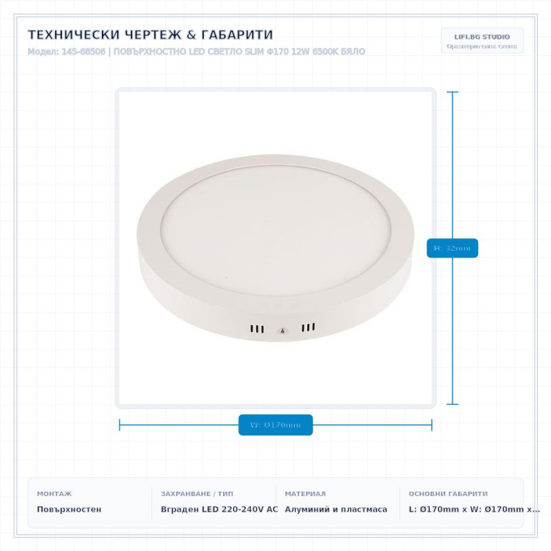 ПОВЪРХНОСТНО LED СВЕТЛО SLIM Φ170 12W 6500K БЯЛО ПОВЪРХНОСТНО LED СВЕТЛО SLIM Φ170 12W 6500K БЯЛО