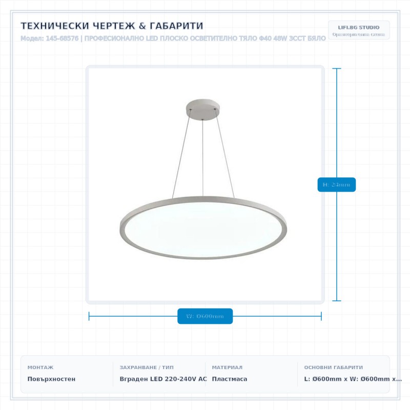 ПРОФЕСИОНАЛНО LED ПЛОСКО ОСВЕТИТЕЛНО ТЯЛО Φ40 48W 3CCT БЯЛО
