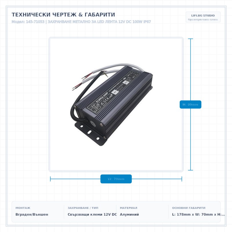 ЗАХРАНВАНЕ МЕТАЛНО ЗА LED ЛЕНТА 12V DC 100W IP67 ЗАХРАНВАНЕ МЕТАЛНО ЗА LED ЛЕНТА 12V DC 100W IP67