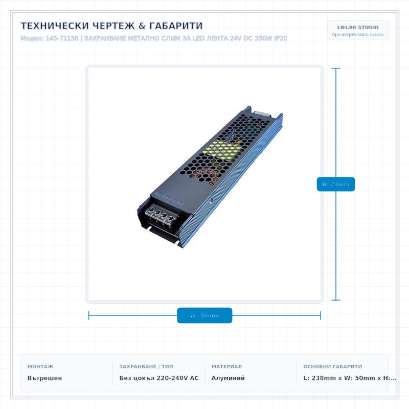 ЗАХРАНВАНЕ МЕТАЛНО СЛИМ ЗА LED ЛЕНТА 24V DC 350W IP20