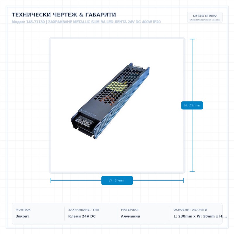 ЗАХРАНВАНЕ METALLIC SLIM ЗА LED ЛЕНТА 24V DC 400W IP20