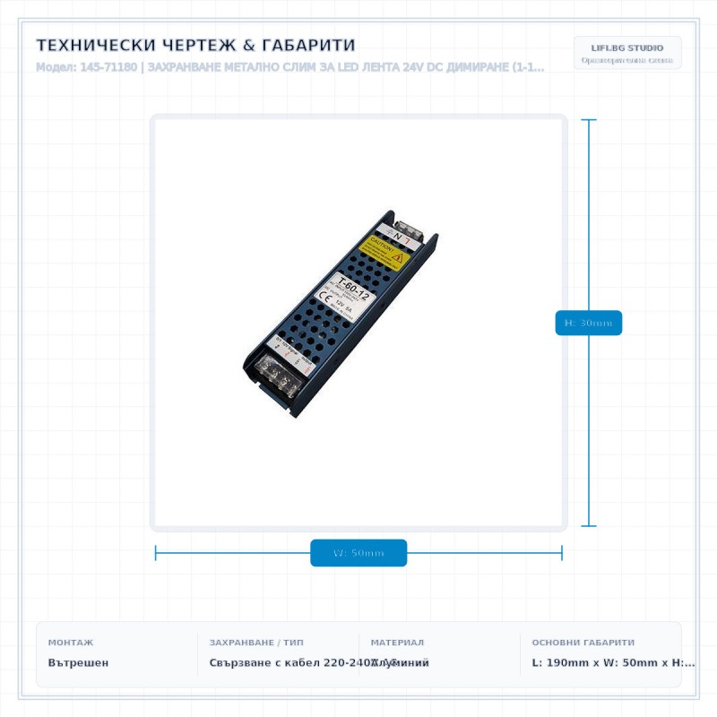 ЗАХРАНВАНЕ МЕТАЛНО СЛИМ ЗА LED ЛЕНТА 24V DC ДИМИРАНЕ (1-10V) 60W IP20