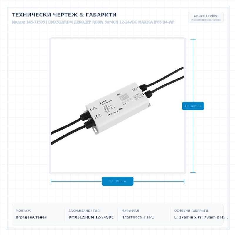 DMX512/RDM ДЕКОДЕР RGBW 5A*4CH 12-24VDC MAX20A IP65 D4-WP