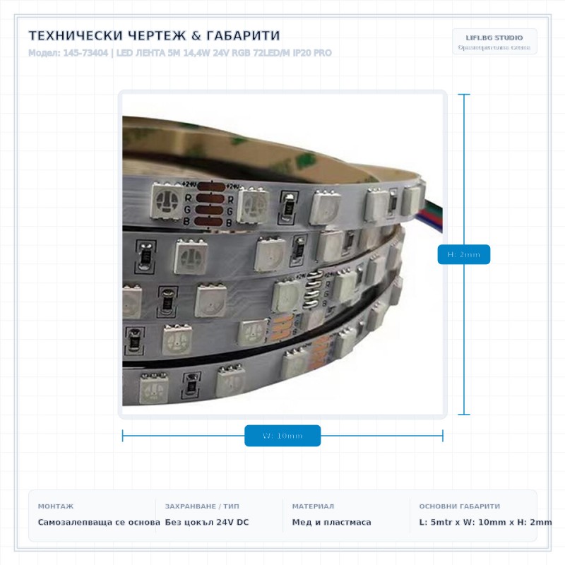 LED ЛЕНТА 5M 14,4W 24V RGB 72LED/M IP20 PRO