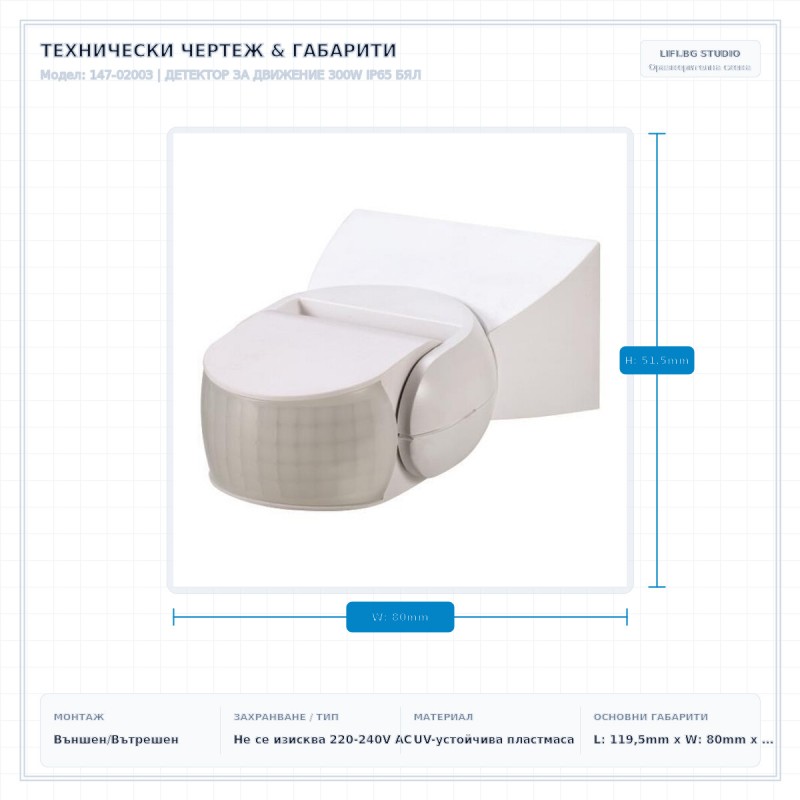 ДЕТЕКТОР ЗА ДВИЖЕНИЕ 300W IP65 БЯЛ