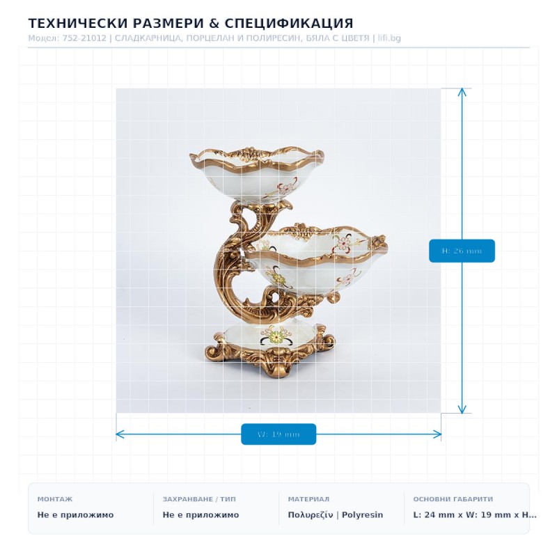СЛАДКАРНИЦА, ПОРЦЕЛАН И ПОЛИРЕСИН, БЯЛА С ЦВЕТЯ