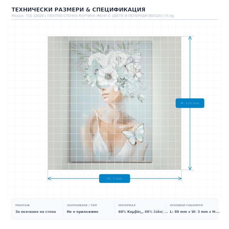 ПЛАТНО СТЕННА КАРТИНА ЖЕНА С ЦВЕТЯ И ПЕПЕРУДИ 80X120 ПЛАТНО СТЕННА КАРТИНА ЖЕНА С ЦВЕТЯ И ПЕПЕРУДИ 80X120