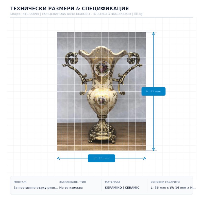 ПОРЦЕЛАНОВА ВАЗА БЕЖОВО - ЗЛАТИСТО 36X16X43CM ПОРЦЕЛАНОВА ВАЗА БЕЖОВО - ЗЛАТИСТО 36X16X43CM