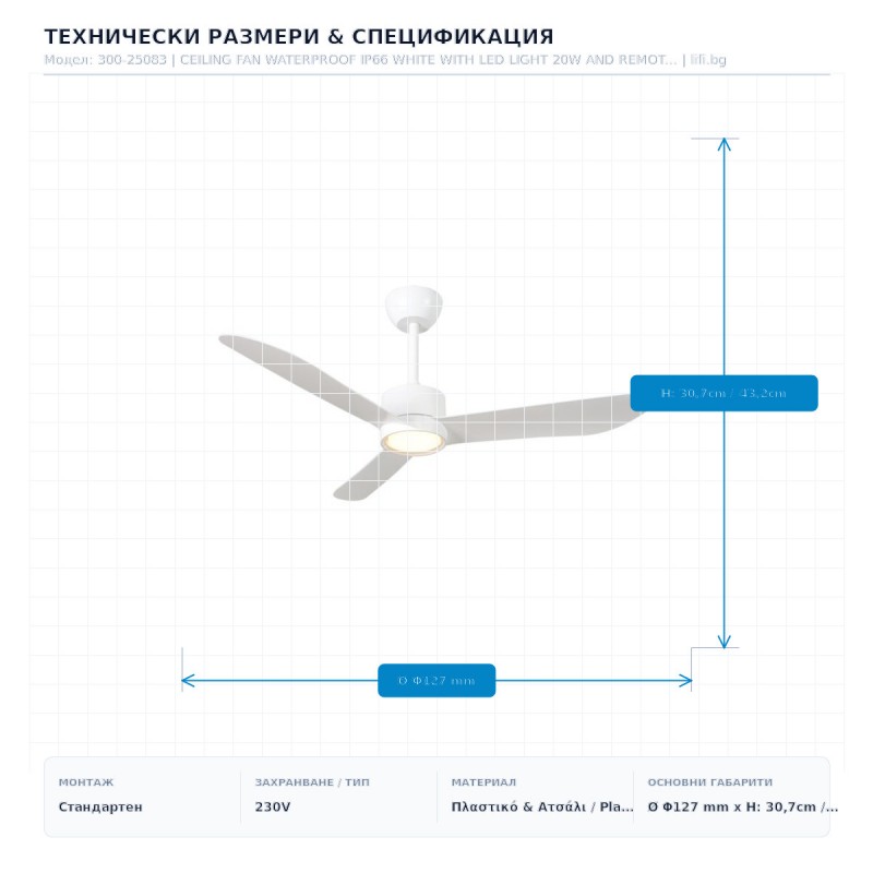 CEILING FAN WATERPROOF IP66 WHITE WITH LED LIGHT 20W AND REMOTE CONTROL Φ127 DC 31W 300-25083 CEILING FAN WATERPROOF IP66 WHITE WITH LED LIGHT 20W AND REMOTE CONTROL Φ127 DC 31W 300-25083