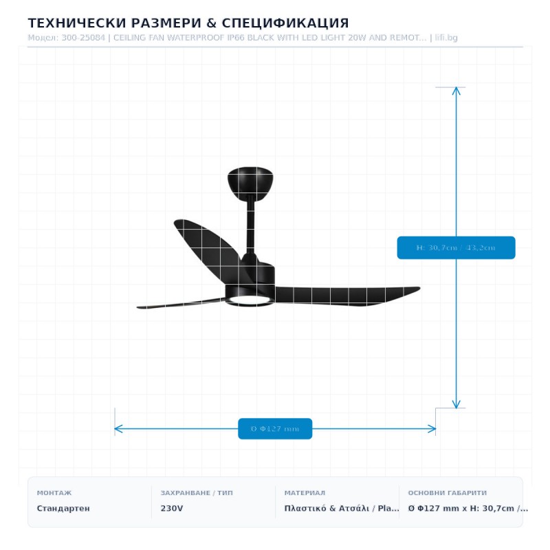 CEILING FAN WATERPROOF IP66 BLACK WITH LED LIGHT 20W AND REMOTE CONTROL Φ127 DC 31W 300-25084 CEILING FAN WATERPROOF IP66 BLACK WITH LED LIGHT 20W AND REMOTE CONTROL Φ127 DC 31W 300-25084