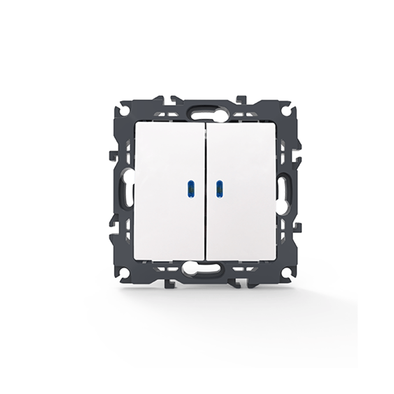 PRIME 2 GANG 1 WAY SWITCH   LED LOCATOR LAMP (ON-OFF) SCREWLESS 1+1P 10AX 250VAC IP20 WHITE 1000111201