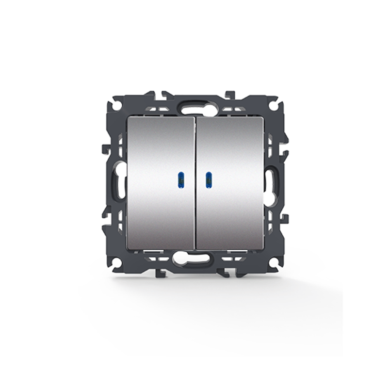 PRIME 2 GANG 1 WAY SWITCH   LED LOCATOR LAMP (ON-OFF) SCREWLESS 1+1P 10AX 250VAC IP20 MATT ALUMINUM 1000111203
