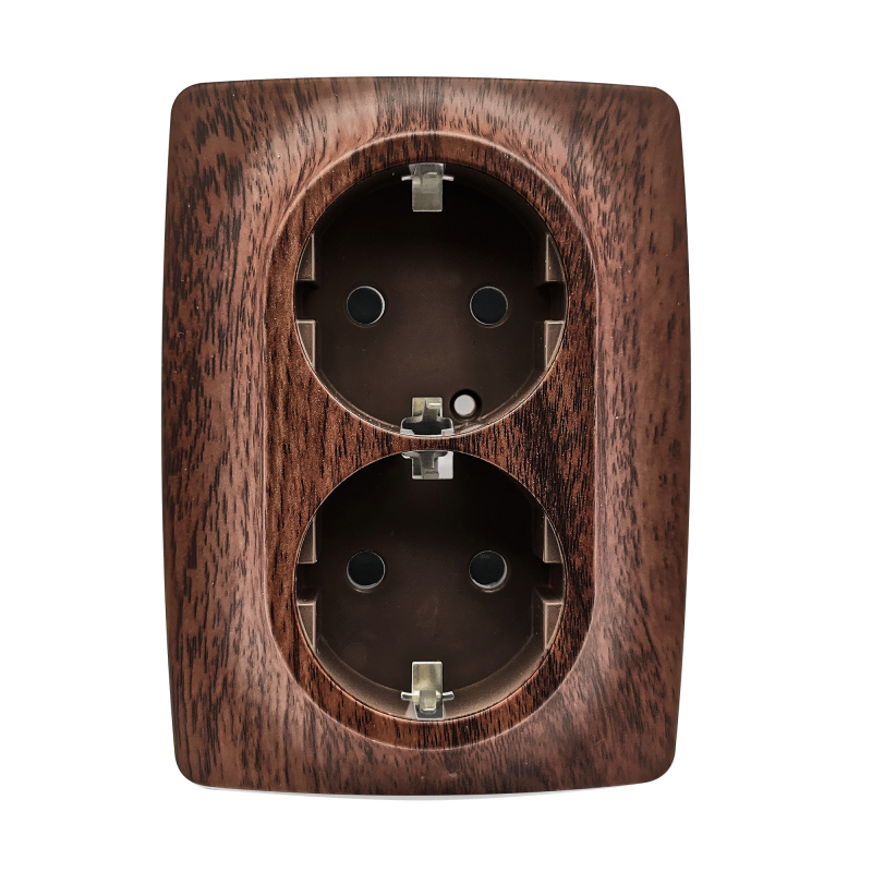 PRIME SCHUKO SOCKET WITH SAFETY SHUTTER 2x2P+E 16A 250VAC IP20  WOOD 1000116206