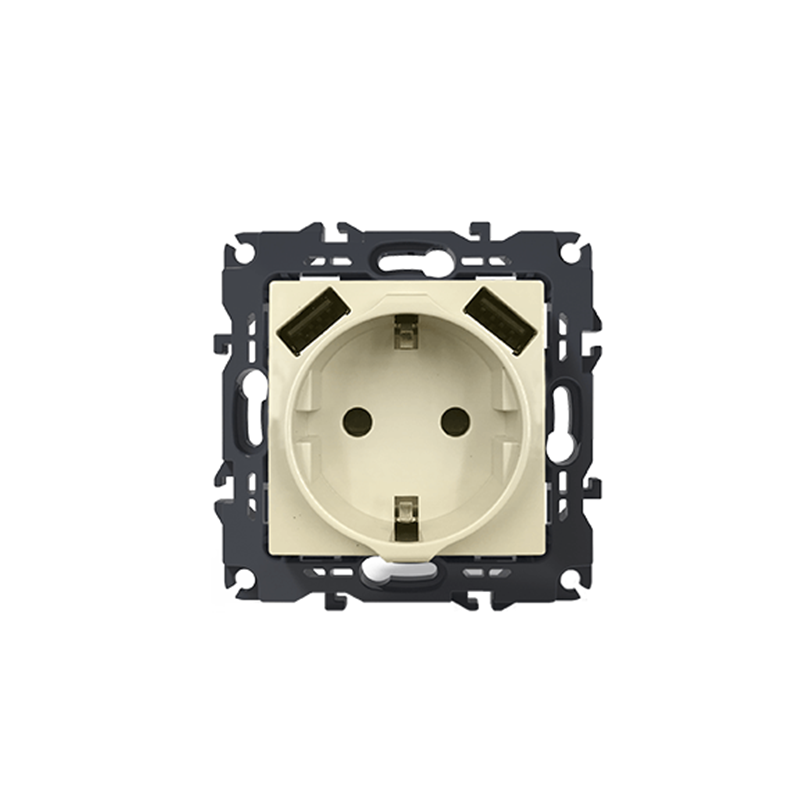 PRIME SCHUKO SOCKET WITH SAFETY SHUTTER 1x2P+E 16A 250VAC   2 USB 5VDC 3.1A IP20 IVORY 1000116302