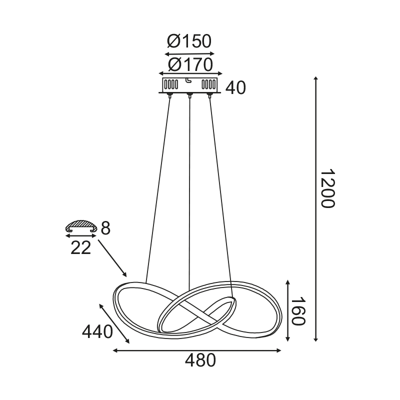 ^PENDANT LIGHTING LED 48W 3000K 2880LM BLACK ALUMINUM 48Χ44XΗ120CM GORDIUS HM92LEDP48BK