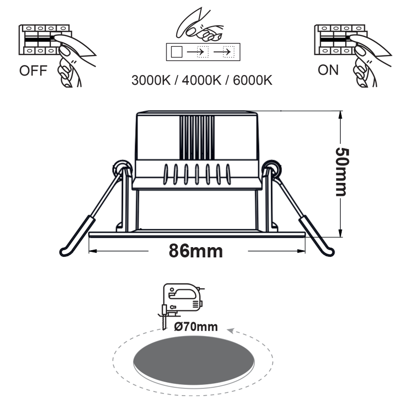 ROUND LED SPOTLIGHT 7W SWITCH 3000-4000-6000K SMD 230V 40° Ra80 PRE-SET UP 3000K FALKO7R ROUND LED SPOTLIGHT 7W SWITCH 3000-4000-6000K SMD 230V 40° Ra80 PRE-SET UP 3000K FALKO7R