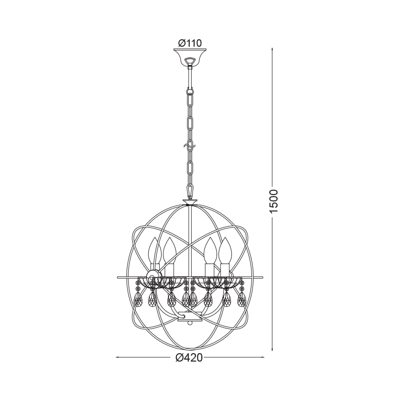 PENDANT 4ΧΕ14 METALLIC NIKEL MAT+ CRYSTAL Φ40ΧΗ150CM CATANIA AD15004