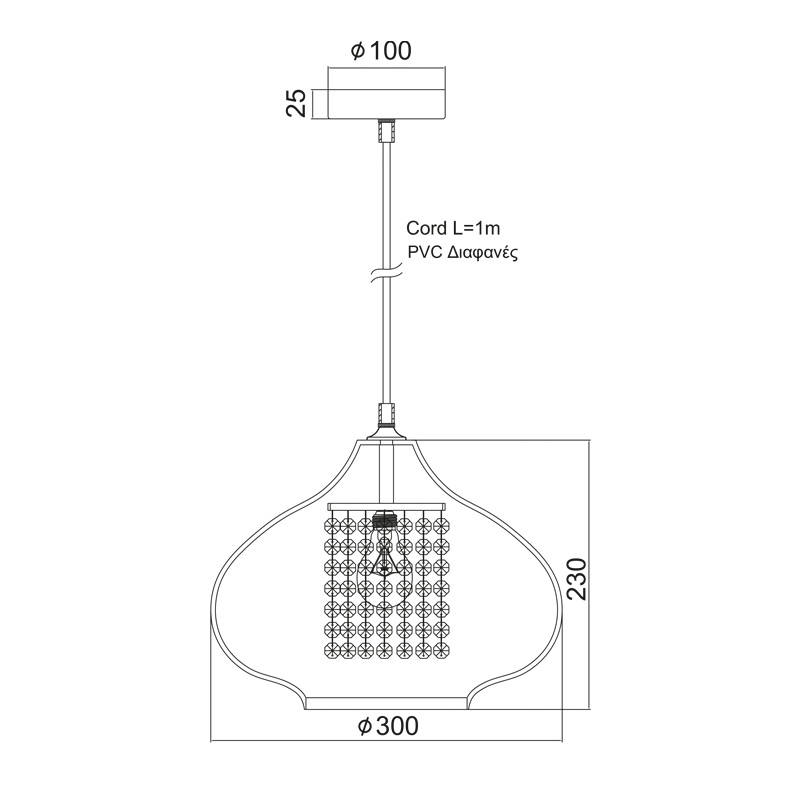 PENDANT CRYSTAL GLASS 1ΧE27 RIRI KS1259P1CH