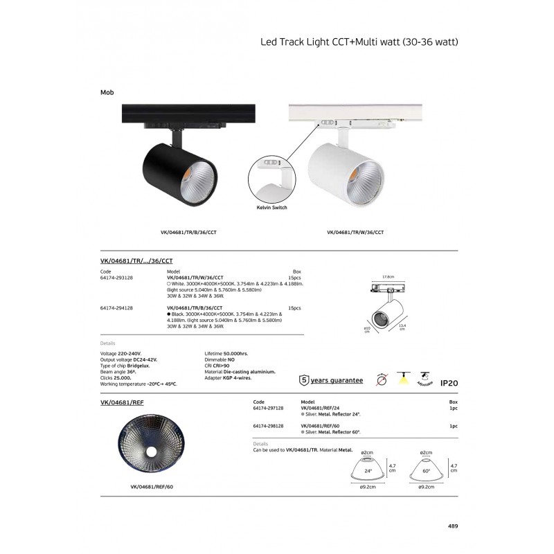 ВГРАДЕН LED ПРОЖЕКТОР VK/04681 TR/B/36 CCT