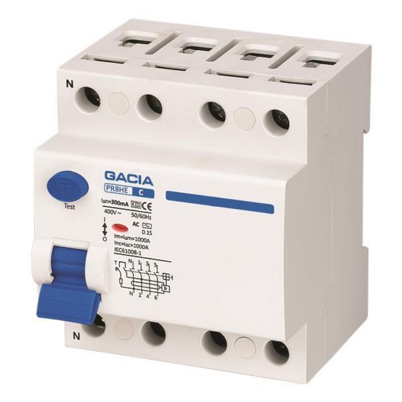 ДИФЕРЕНЦИАЛЕН ПРЕДПАЗИТЕЛ PR8HE 4P 63A 300MA 10KA AC+S