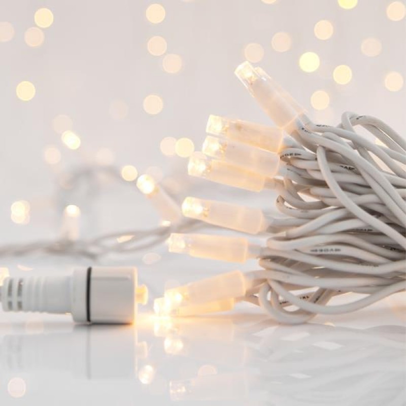LINE, 100 LED 5mm, 230V, CONNECTOR UNTIL 9, LEAD WIRE 150cm, WHITE RUBBER WIRE, WARM WHITE LED, PER 10cm, IP65 600-11102