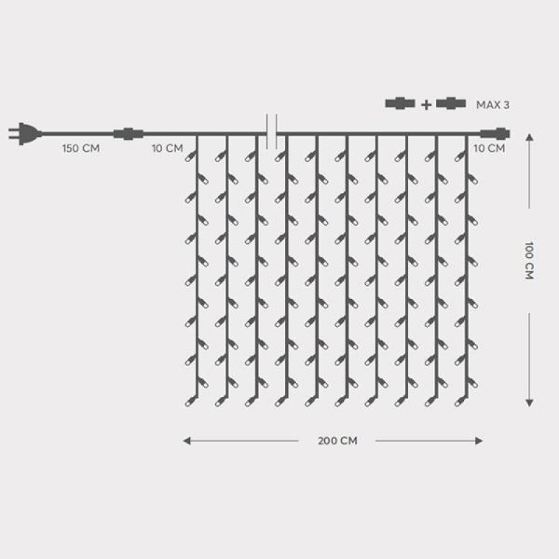 COURTAIN, 200 LED 5mm WITH CUPS, 230V, CONNECTOR UNTIL 5, GREEN RUBBER WIRE, WHITE LED (H100 x W200cm, 20 LINES x 10 LED), LEAD WIRE 1.5m, IP65 600-11115