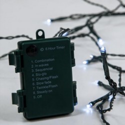 LINE, 96 LED 5mm, BATTERY BOX 3xAA, 8 MULTIFUNCTIONS, TIMER, GREEN PVC WIRE, WHITE LED PER 10cm, LEAD WIRE 100cm, IP44 600-11120