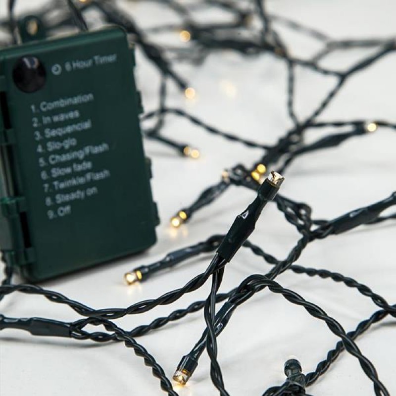 LINE, 96 LED 5mm, BATTERY BOX 3xAA WITH 8 MULTIFUNCTIONS, TIMER, GREEN WIRE, WARM WHITE LED PER 10cm, LEAD WIRE 1m, IP44 600-11121
