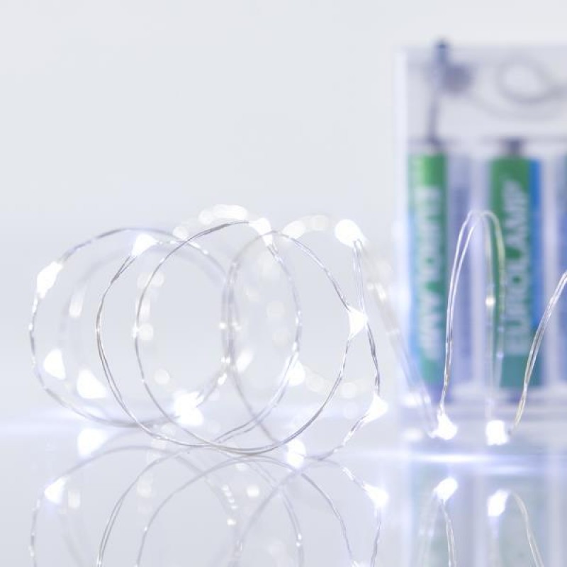 LINE, 20 MINI LED, BATTERY BOX 3xAA, SILVER COPPER WIRE, WHITE LED PER 10cm, LEAD WIRE 10cm, IP20 600-11220