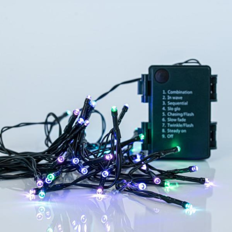 LINE, 48 LED 3mm, BATTERY OPERATED, WITH MULTIFUNCTION, MEMORY AND TIMER, GREEN WIRE, OPAL MULTI LED PER 7,5cm, LEAD WIRE 50cm, IP44 600-11222