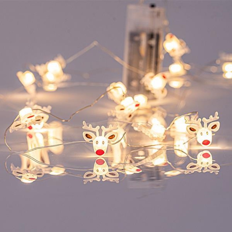 LINE, 20 MINI LED WITH ACRYLIC DEER HEAD 2,2cm, BATTERY BOX 2xAA, SILVER COPPER WIRE, WARM WHITE LED, PER 10cm, LEAD WIRE 30cm, IP20 600-11229