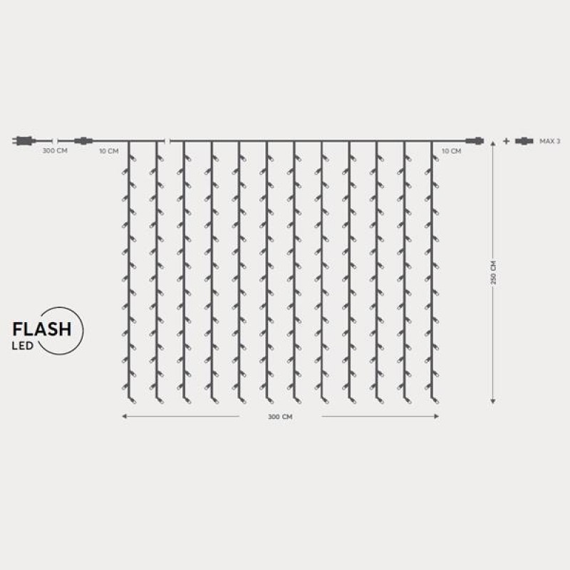 CURTAIN, 500 FLASH LED 5mm, 31V ADAPTOR, CONNECTOR UNTIL 3, TRANSPARENT WIRE, WARM WHITE LED (H250 x W300cm, 20 LINES x 25 LED), LEAD WIRE 3m, IP44 600-11376