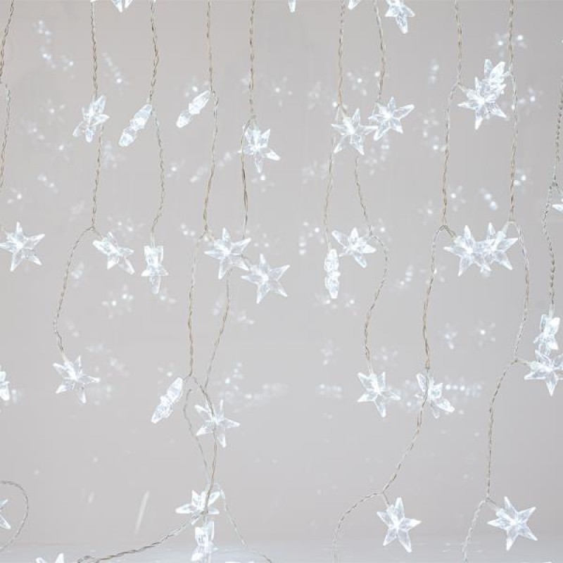 ICICLE, 90 LED 5mm ACRILYC STARS 4cm, 31V ADAPTOR, CONNECTOR UP TO 3, TRANSPARENT WIRE, WHITE LED, H90xW150cm, 3/7/4/6, LEAD WIRE 3m, IP44 600-11448