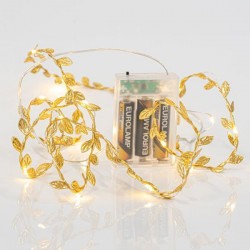 GOLD FABRIC LEAVES BRANCH, 15 MINI LED, BATTERY BOX 3xAA, TIMER, WARM WHITE LED, PER 10cm, LEAD WIRE 50cm, IP20 600-11458