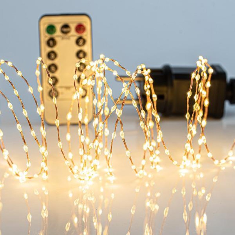 LINE, 300 MINI LED, 31V, WITH REMOTE CONTROL (ON/OFF, TIMER, DIMMER), WITH ADAPTOR, LEAD WIRE 300cm, BRONZE COPPER WIRE, WARM WHITE LED, PER 1,5 cm, IP44 600-11735