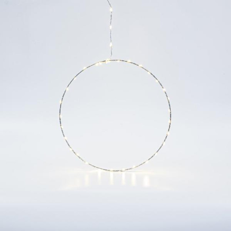 SILVER RING LIGHTED 30cm, 30 MINI LED ON RING AND 15 MINI LED LEAD WIRE, ADAPTOR STEADY, SILVER COPPER WIRE, WARM WHITE LED, LEAD WIRE 3m, IP44 600-22413