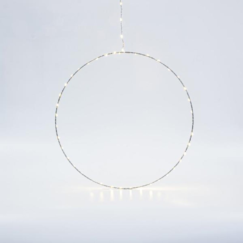 SILVER RING LIGHTED 40cm, 40 MINI LED ON RING AND 15 MINI LED LEAD WIRE, ADAPTOR STEADY, SILVER COPPER WIRE, WARM WHITE LED, LEAD WIRE 3m, IP44 600-22414