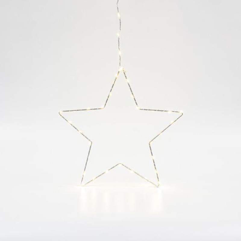 SILVER STAR LIGHTED 30cm, 30 MINI LED ON STAR AND 15 MINI LED LEAD WIRE, ADAPTOR STEADY, SILVER COPPER WIRE, WARM WHITE LED, LEAD WIRE 3m, IP44 600-22416