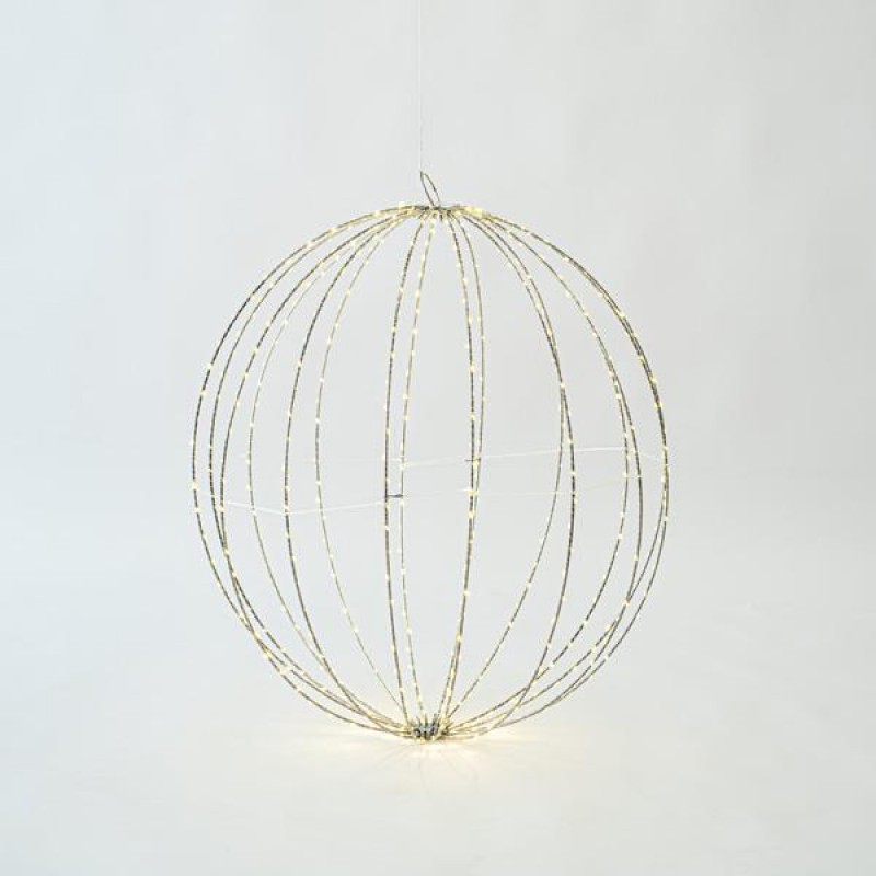 SILVER METAL BALL LIGHTED 60cm, 480 MINI LED, ADAPTOR STEADY, SILVER COPPER WIRE, WARM WHITE LED, LEAD WIRE 3m, IP44 600-22422