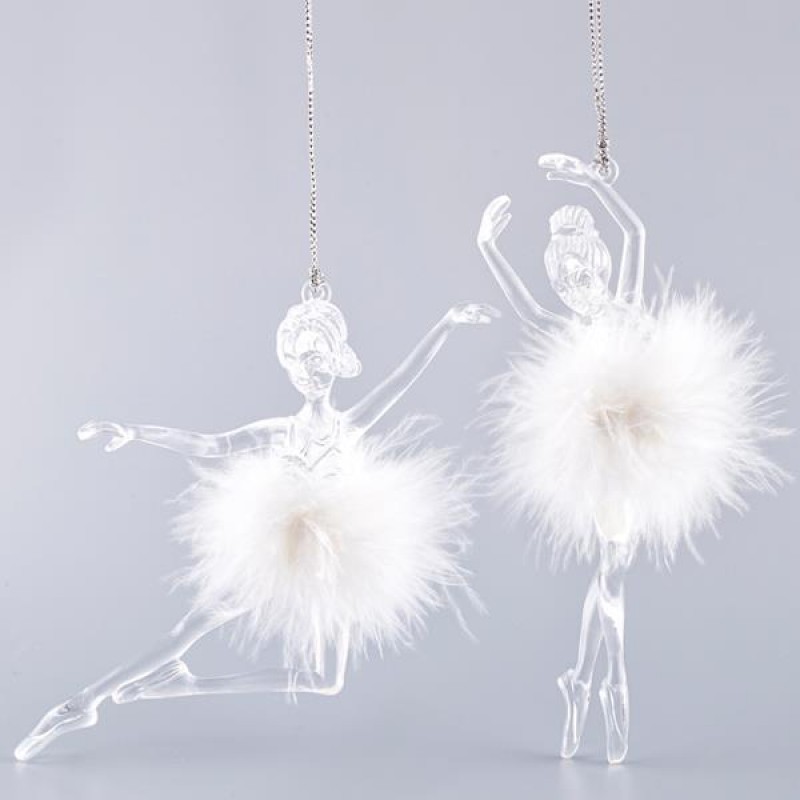 BALLERINA ACRYLIC TRANSPARENT, WITH WHITE FEATHERS, 2 DESIGNS, 9,5x13,6cm, PRICE PER PIECE 600-40785
